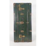 Green painted wardrobe steamer trunk opening to reveal hanging space to one side and drawers to