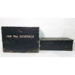 Black painted chest emblazed in 'Hon.Mrs.Devereux' and a tin chest (2)