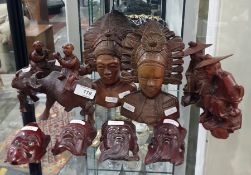 Four Japanese carved hardwood miniature Noh masks, approx 10cm high and smaller, pair carved