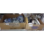 Two boxes of ceramics to include a quantity of various pattern blue and white plates, saucers etc