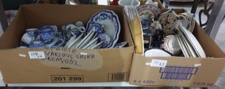 Two boxes of ceramics to include a quantity of various pattern blue and white plates, saucers etc