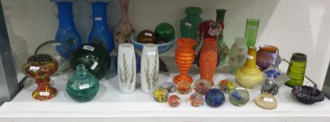 Collection of small and medium sized paperweights, various coloured glass balls, a red and white