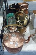 Brass and copperware to include kettle, preserve pan, coal scuttle, etc