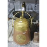 Brass coal scuttle shaped as a basket and a brass and copper coal bucket with a swing handle (2)
