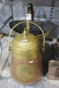 Brass coal scuttle shaped as a basket and a brass and copper coal bucket with a swing handle (2)