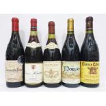 Five bottles of various Burgundy wines to include two various Chateauneuf-du-Pape, 1975 Crozes-