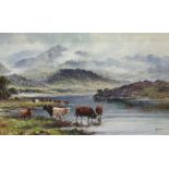 J Morris Oil in canvas  Highland Cattle by a lake scene, a pair (2)