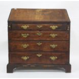 18th century walnut bureau, the rectangular top banded and with demi-lune oyster walnut inlay