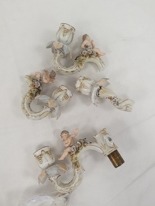 Pair of Continental porcelain three-branch candelabra decorated with angels etc (damaged) together - Image 3 of 3