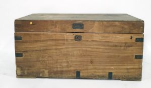 Late 19th/early 20th century campaign-style chest with brass bindings, ivorine label to back