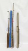 Two various vintage split fishing canes, metal cased screens and tripod support