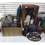 Assortment of outside lanterns, two ceramic decorative glass bowls, a cast iron bootscraper and