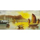 C Lau (20th century) Oil on canvas  Eastern river scene with sailing junks and cityscape to
