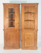 Two 20th century pine corner display units, one with open shelves, cupboard under, plinth base,