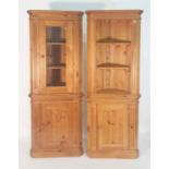 Two 20th century pine corner display units, one with open shelves, cupboard under, plinth base,