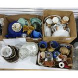 Three boxes of mixed ceramics including some mid-century dinnerware plus chamber pot, plant pot
