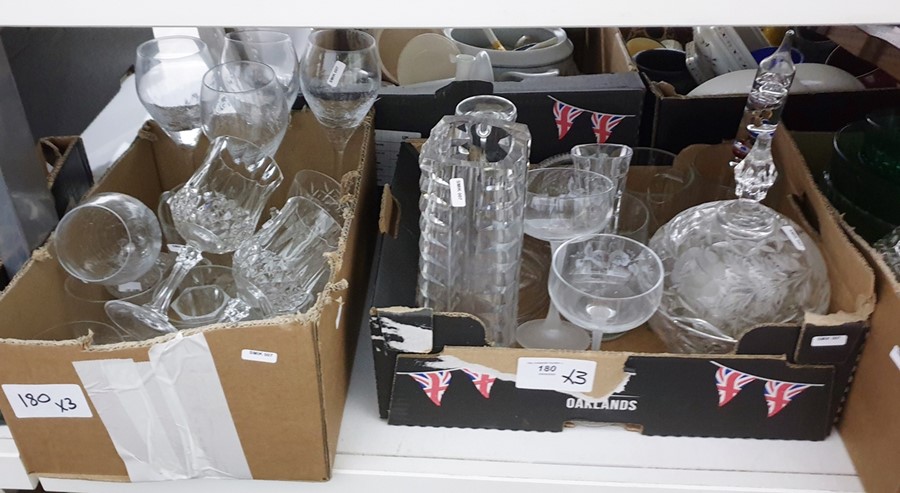 Three boxes of mixed glassware including large covered bonbon dish