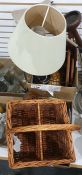 Three boxes of assorted items in wood and metal including small banjo barometer, barley twist lamp
