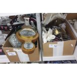 Two boxes of mixed items including toast racks, a modern banjo barometer, decorated brassware and