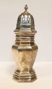 George V silver sugar caster with pierced top and octagonal body