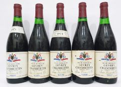 Five bottles of 1974 Gevry Chambertin, from Jean Voisier, bottled by Morands of Bristol (some neck