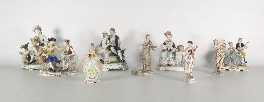 Nine various 19th century continental porcelain figure groups to include Meissen, Neurenburg, etc