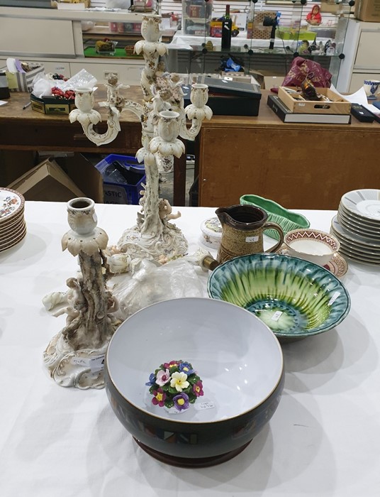 Pair of Continental porcelain three-branch candelabra decorated with angels etc (damaged) together - Image 2 of 3