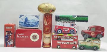 Large quantity of tin boxes in the shape of transistor radio, school bus and other items (2 boxes)