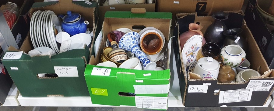 Five boxes of mixed ceramics with other items of kitchen equipment