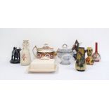 Spode teapot together with a 19th century Goebel fish jug, a pottery cow creamer, majolica jug,