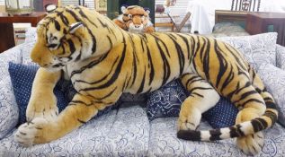 'Khan' giant soft toy model tiger, approx 235cm long and a much smaller tiger (2)