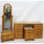 20th century pine bedroom furniture comprising dressing table, bedside chest of three drawers,