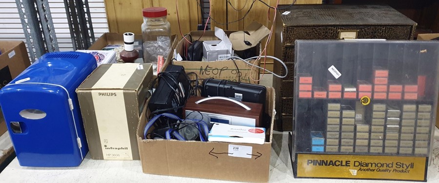 Quantity of assorted items including mini fridge, collectables, transister radios, a Philips
