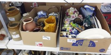 Two boxes of mixed ceramics including moulded floral pieces, animals and birds and some Chinese