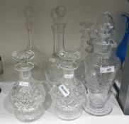 Pair of 19th century hobnail cut decanters and stoppers, another pair of decanters etched with Greek