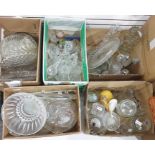 Five boxes of mixed moulded glassware including cakestands, vases and bowls