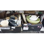 Four boxes assorted ceramics to include cups, storage jars, large bowls, a ceramic chicken egg