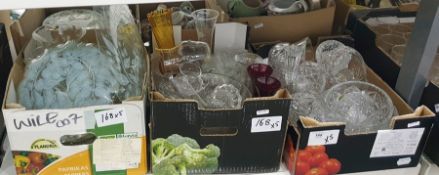 Five boxes of assorted and varied glassware to include fruit bowls and baskets, cake stands and