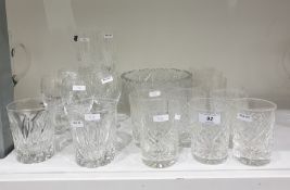 Pair of Royal Doulton cut glass champage flutes, a set of four etched glass wines, a cut glass