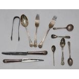 Silver table fork, dessert spoon and dessert fork, all shell and thread pattern, two similar
