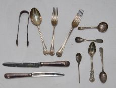 Silver table fork, dessert spoon and dessert fork, all shell and thread pattern, two similar
