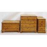 20th century pine bedroom furniture to include chest of four drawers, blanket chest and a bedside