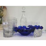 Pair of studio blue glass handkerchief-style ashtrays, a set of five etched glasses, decanter and