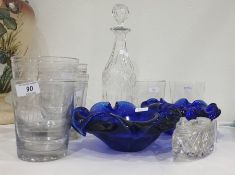 Pair of studio blue glass handkerchief-style ashtrays, a set of five etched glasses, decanter and