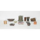 Collection of agate ware and marble ware items, a specimen block, horn beaker, etc