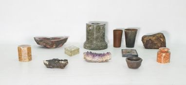 Collection of agate ware and marble ware items, a specimen block, horn beaker, etc