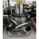 Stainless steel Le Creuset roasting dish, two lidded saucepans, two mixing bowls, etc  Condition