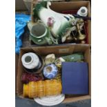 Two boxes of assorted items, brass, ceramics and metalware including a large two-handled vase with