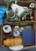 Two boxes of assorted items, brass, ceramics and metalware including a large two-handled vase with