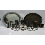 EPNS oval tray with gallery border, pair EPNS vases, goblets, flatware and other items (1 box)